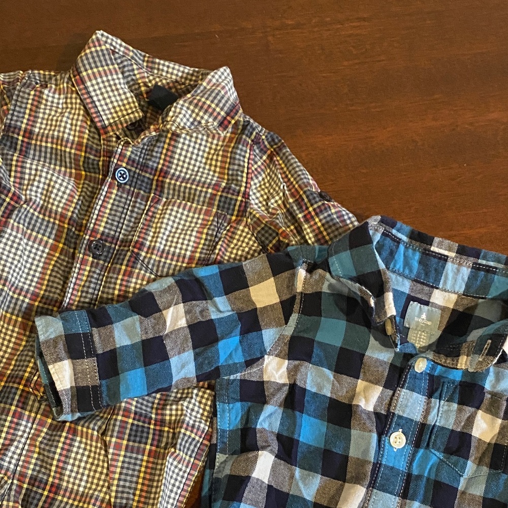 Set of TWO Baby Gap toddler boys button up plaid flannel shirt outfits 3-6 mos